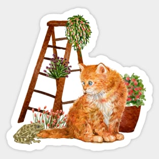 Cat and Frog in the Garden Sticker